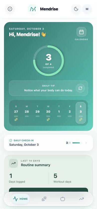 Mendrise app home screen